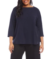 Karen Kane Plus Size Hemp-Organic Cotton Blend Boat Neck 3/4 Sleeve Drop Shoulder Knit Top