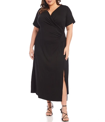 Karen Kane Plus Size Knit Jersey Surplice V-Neck Short Sleeve Side Slit Faux Wrap Dress