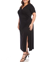 Karen Kane Plus Size Knit Jersey Surplice V-Neck Short Sleeve Side Slit Faux Wrap Dress