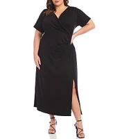 Karen Kane Plus Size Knit Jersey Surplice V-Neck Short Sleeve Side Slit Faux Wrap Dress