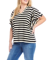 Karen Kane Plus Size Knit Stripe V-Neck Short Flutter Sleeve Top