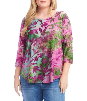 Karen Kane Plus Size Knit Tie-Dye Burnout Floral Print Scoop Neck 3/4 Sleeve Top