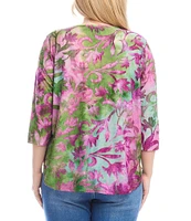 Karen Kane Plus Size Knit Tie-Dye Burnout Floral Print Scoop Neck 3/4 Sleeve Top