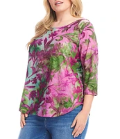 Karen Kane Plus Size Knit Tie-Dye Burnout Floral Print Scoop Neck 3/4 Sleeve Top