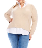 Karen Kane Plus Size Layered Point Collar Long Sleeve Knit Sweater