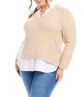 Karen Kane Plus Size Layered Point Collar Long Sleeve Knit Sweater