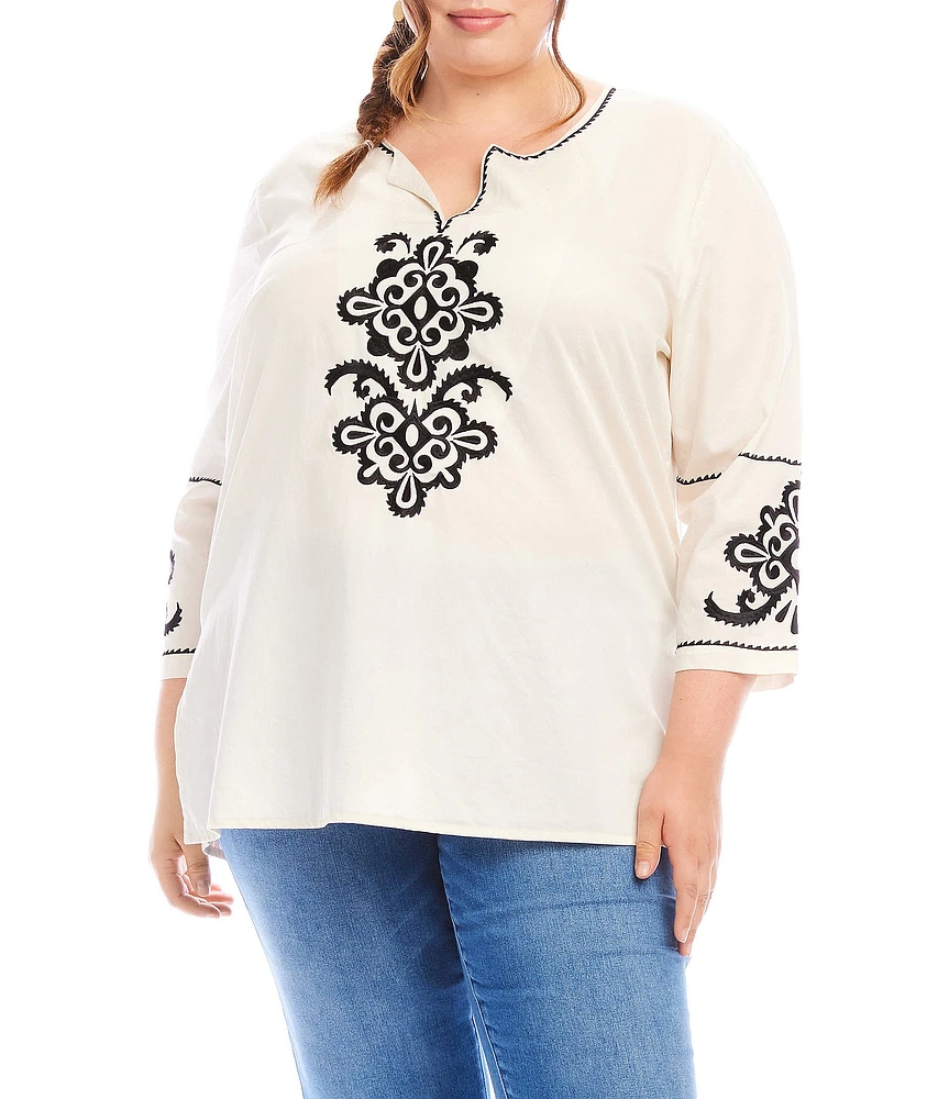Karen Kane Plus Size Lightweight Cotton Embriordered Split Round V-Neck 3/4 Sleeve Tunic
