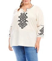 Karen Kane Plus Size Lightweight Cotton Embriordered Split Round V-Neck 3/4 Sleeve Tunic