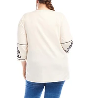 Karen Kane Plus Size Lightweight Cotton Embriordered Split Round V-Neck 3/4 Sleeve Tunic