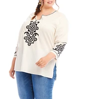 Karen Kane Plus Size Lightweight Cotton Embriordered Split Round V-Neck 3/4 Sleeve Tunic