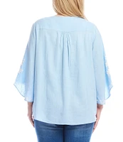 Karen Kane Plus Size Linen-Blend Embroidered V-Neck 3/4 Flare Sleeve Asymmetrical Top