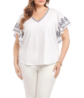 Karen Kane Plus Size Organic Cotton V-Neck Embroidered Flutter Sleeve Top