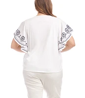 Karen Kane Plus Size Organic Cotton V-Neck Embroidered Flutter Sleeve Top