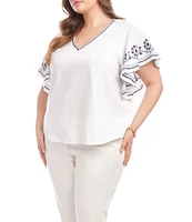 Karen Kane Plus Size Organic Cotton V-Neck Embroidered Flutter Sleeve Top