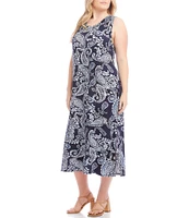 Karen Kane Plus Size Paisley Scoop Neck Sleeveless Midi Dress