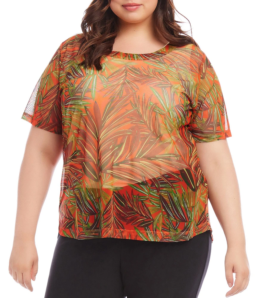 Karen Kane Plus Size Palm Print Mesh Crew Neck Short Sleeve Fitted Top