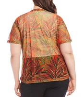 Karen Kane Plus Size Palm Print Mesh Crew Neck Short Sleeve Fitted Top