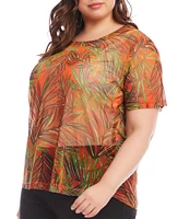 Karen Kane Plus Size Palm Print Mesh Crew Neck Short Sleeve Fitted Top