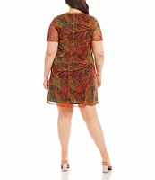 Karen Kane Plus Size Palm Print V-Neck Short Sleeve A-Line Mesh Dress