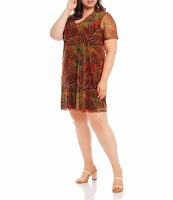 Karen Kane Plus Size Palm Print V-Neck Short Sleeve A-Line Mesh Dress