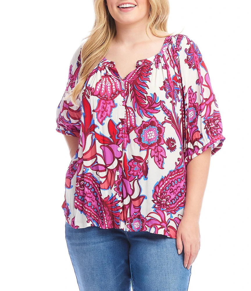 Karen Kane Plus Size Peony Paisley Scoop Neck Short Puff Sleeve Button-Front Peasant Top