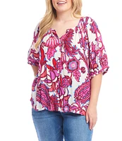 Karen Kane Plus Size Peony Paisley Scoop Neck Short Puff Sleeve Button-Front Peasant Top