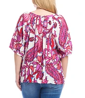 Karen Kane Plus Size Peony Paisley Scoop Neck Short Puff Sleeve Button-Front Peasant Top