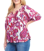 Karen Kane Plus Size Peony Paisley Scoop Neck Short Puff Sleeve Button-Front Peasant Top