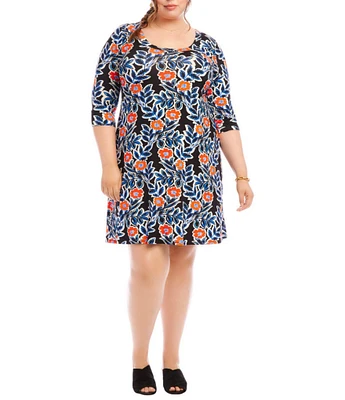 Karen Kane Plus Size Poppy Print Scoop Neck 3/4 Sleeve A-Line Dress