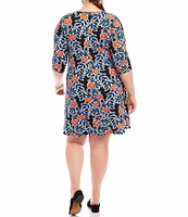 Karen Kane Plus Size Poppy Print Scoop Neck 3/4 Sleeve A-Line Dress