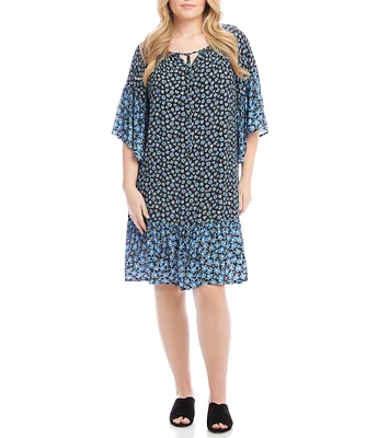 Karen Kane Plus Size Printed Split V-Neck 3/4 Bell Sleeve Contrast Ruffle Hem Shift Dress