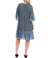 Karen Kane Plus Size Printed Split V-Neck 3/4 Bell Sleeve Contrast Ruffle Hem Shift Dress