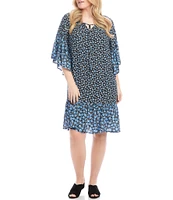 Karen Kane Plus Size Printed Split V-Neck 3/4 Bell Sleeve Contrast Ruffle Hem Shift Dress