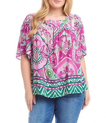 Karen Kane Plus Size Printed Square Neck Short Flare Sleeve Top