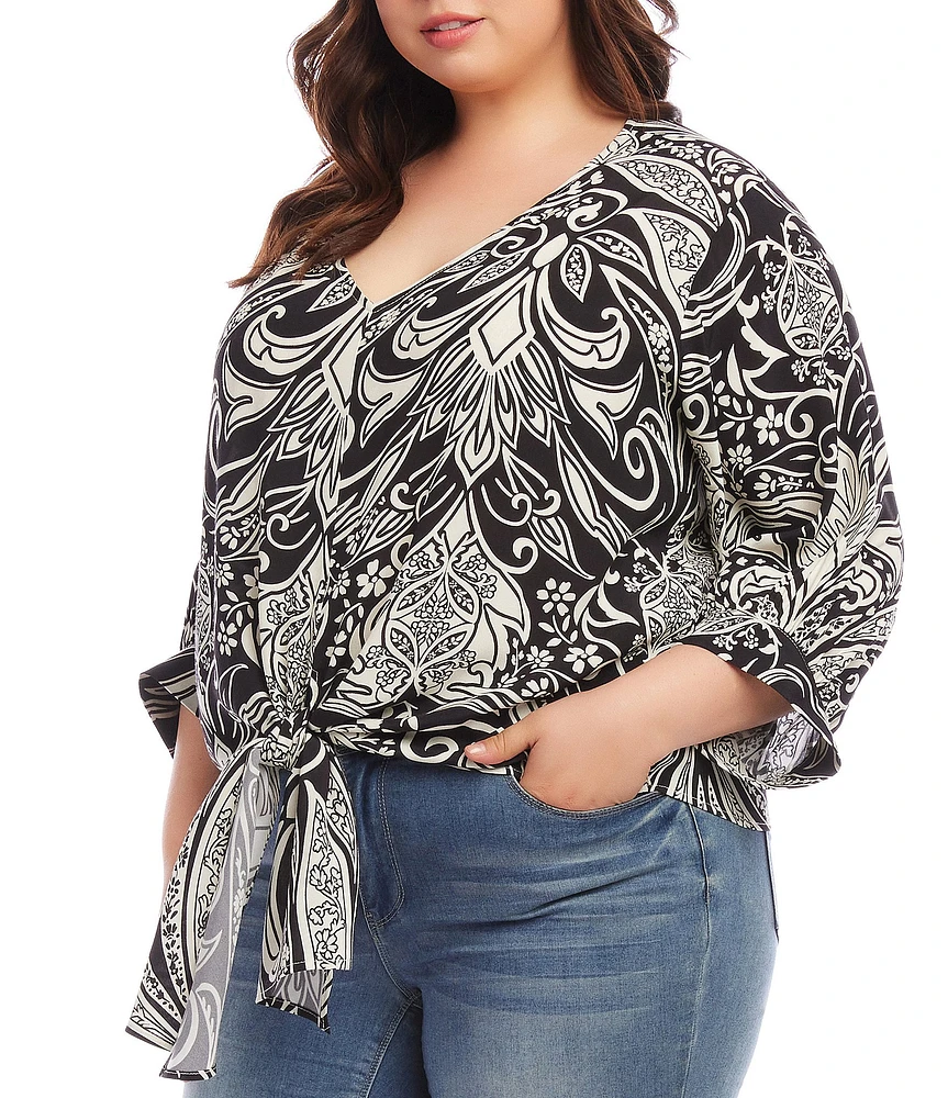 Karen Kane Plus Size Printed V-Neck Blouson Sleeve Tie-Front Top