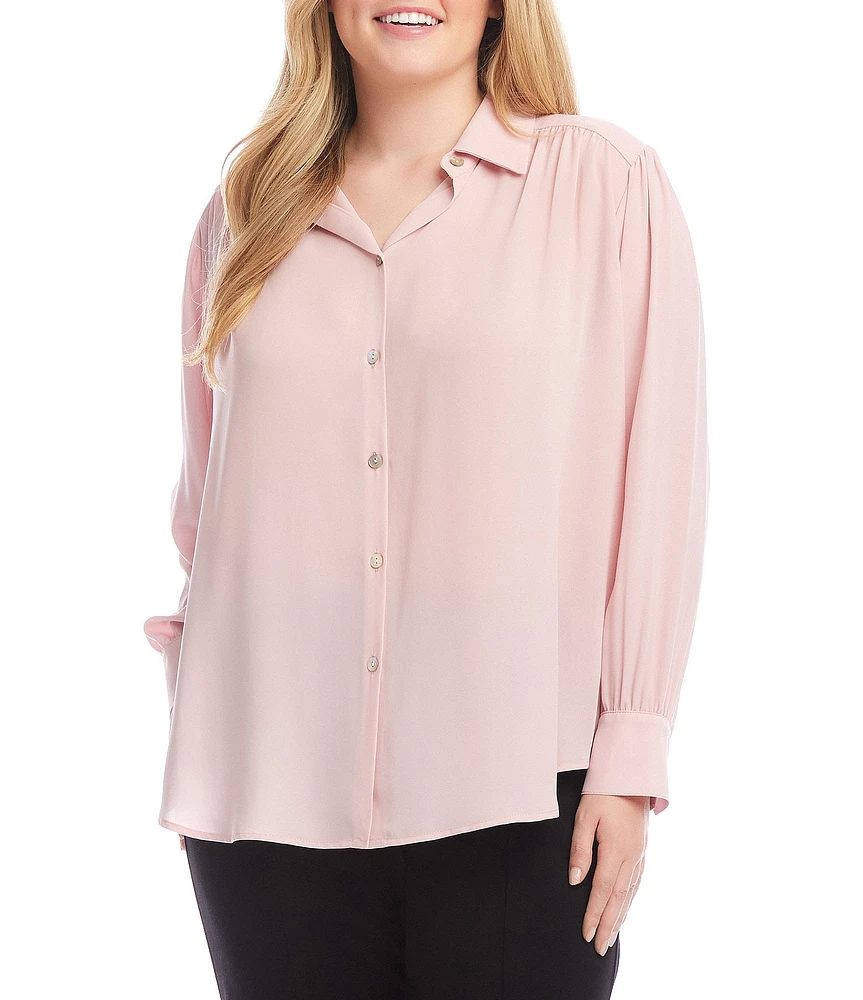 Karen Kane Plus Size Silky Crepe Collared Long Sleeve Blouse