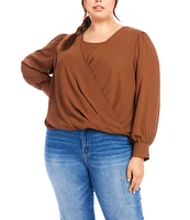 Karen Kane Plus Size Silky Crepe Long Bishop Sleeve Drape Front Wrap Top