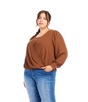 Karen Kane Plus Size Silky Crepe Long Bishop Sleeve Drape Front Wrap Top