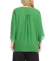 Karen Kane Plus Size Silky Crepe V-Neck 3/4 Flare Sleeve Asymmetric Crossover Hem Top