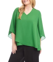 Karen Kane Plus Size Silky Crepe V-Neck 3/4 Flare Sleeve Asymmetric Crossover Hem Top