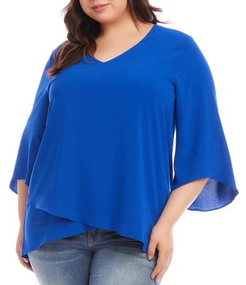 Karen Kane Plus Size Silky Crepe V-Neck 3/4 Sleeve Asymmetric Hem Floaty Layers Top