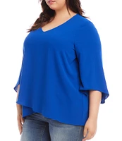 Karen Kane Plus Size Silky Crepe V-Neck 3/4 Sleeve Asymmetric Hem Floaty Layers Top