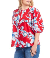 Karen Kane Plus Size Soft Cotton Printed Scoop Neck Puff Elbow Sleeve Shirt