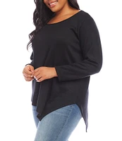 Karen Kane Plus Size Soft Knit Scoop Neck Long Sleeve Asymmetric Hem Popover Top