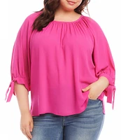 Karen Kane Plus Size Solid Scoop Neck Blouson Tie Cuffs 3/4 Sleeve Peasant Top