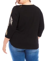 Karen Kane Plus Size Stretch Metallic Foil Print Crew Neck 3/4 Sleeve Top