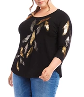 Karen Kane Plus Size Stretch Metallic Foil Print Crew Neck 3/4 Sleeve Top