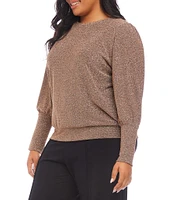 Karen Kane Plus Size Stretch Metallic Knit Crew Neck Long Bishop Sleeve Top