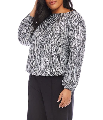 Karen Kane Plus Size Stretch Sequin Zebra Boat Neck Long Sleeve Top