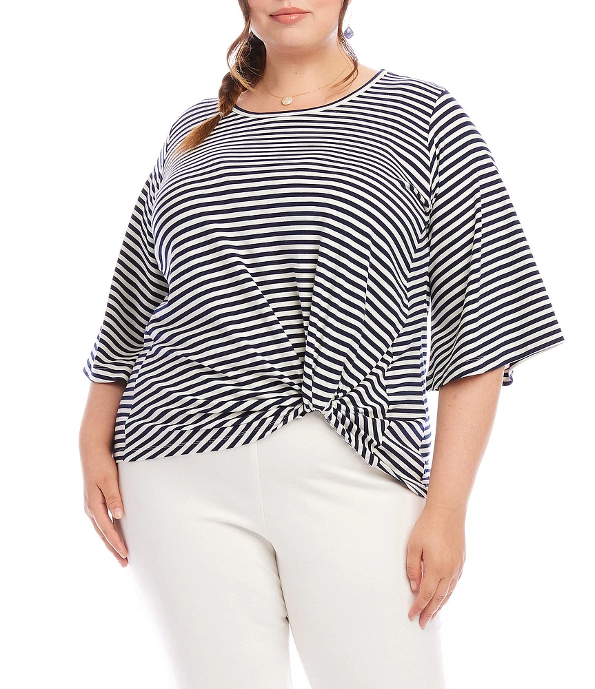 Karen Kane Plus Size Stripe Crew Neck 3/4 Flare Sleeve Pick-Up Top